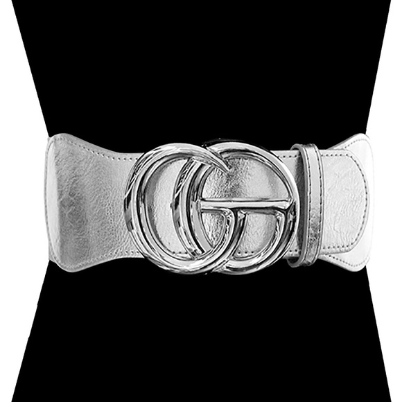 Oversized Metal Buckle Accented Elastic Statement Belt - Picture 8 of 9